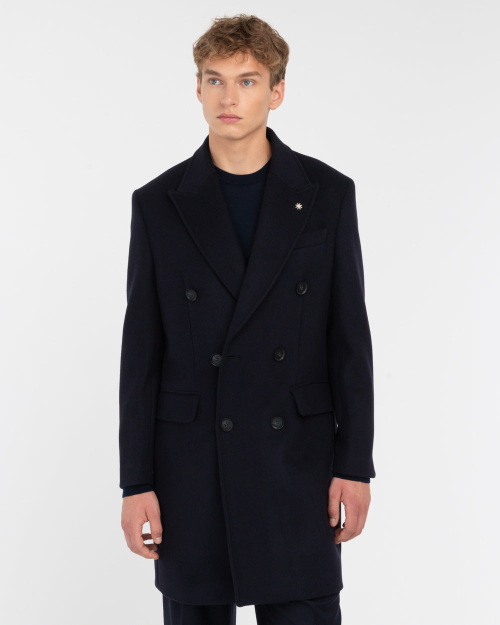 blue double breasted wool blend coat