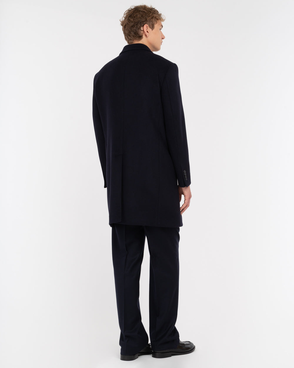 blue double breasted wool blend coat