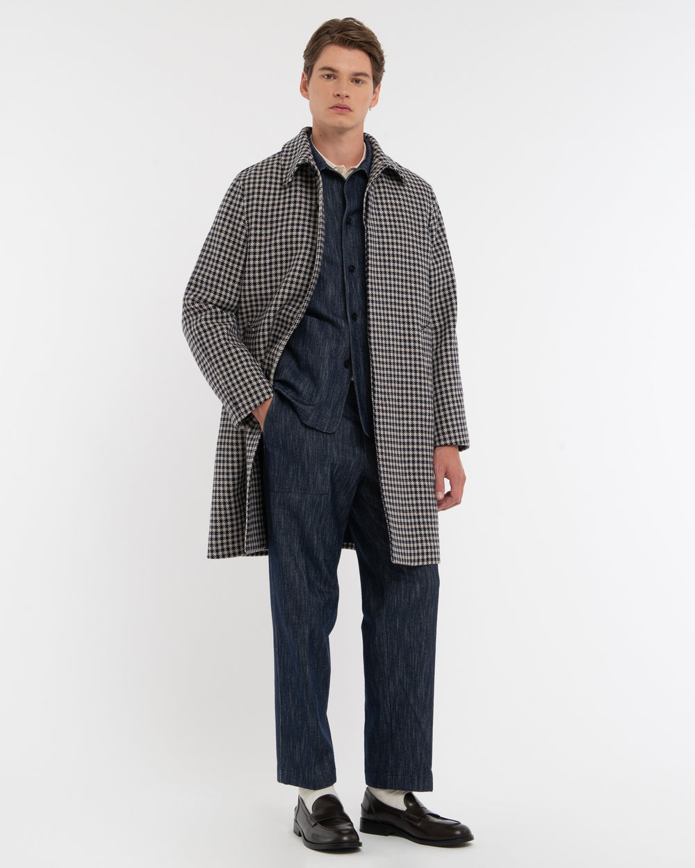 blue damier wool blend coat