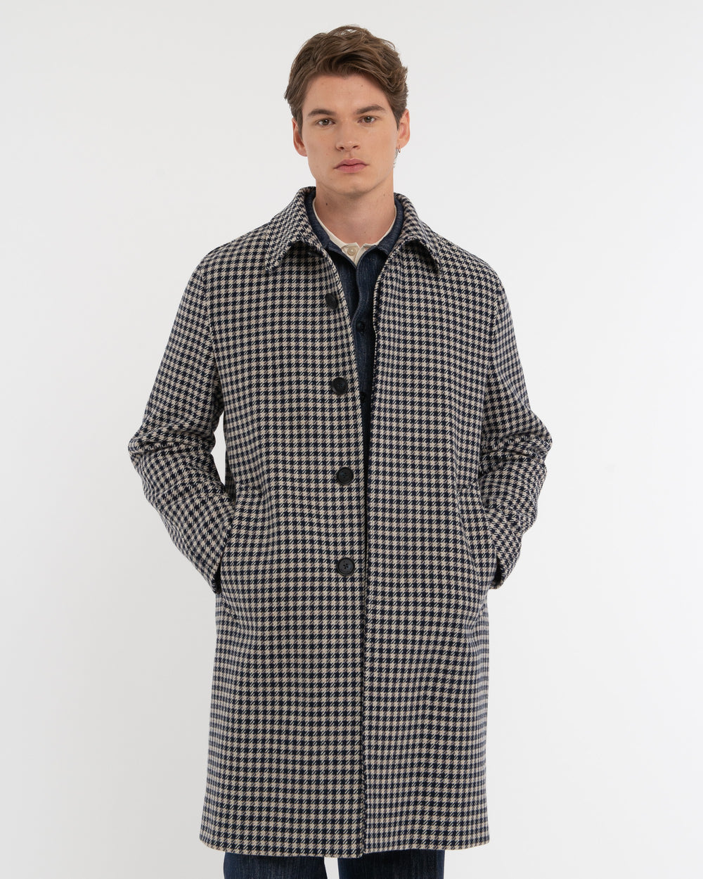 blue damier wool blend coat