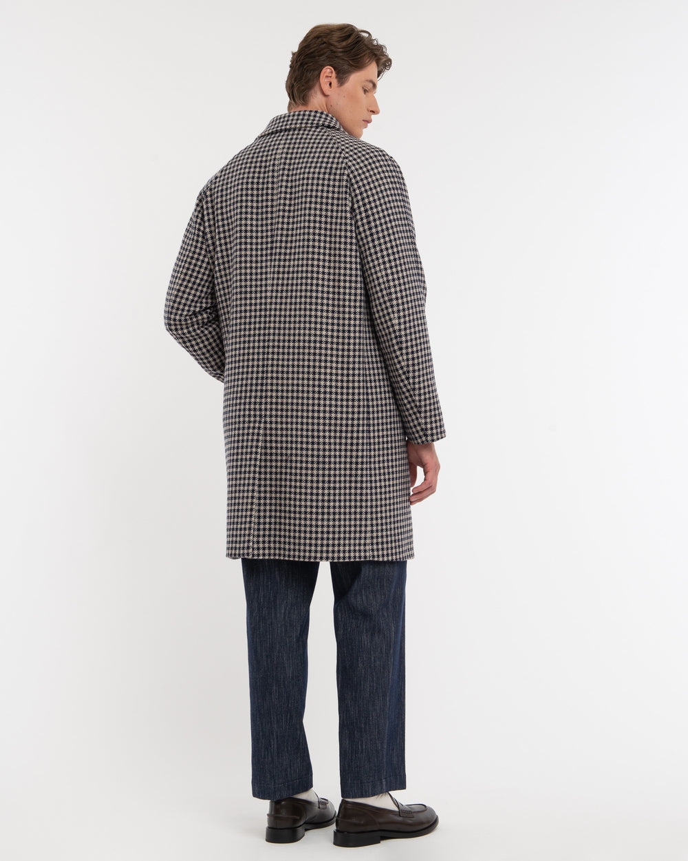 blue damier wool blend coat