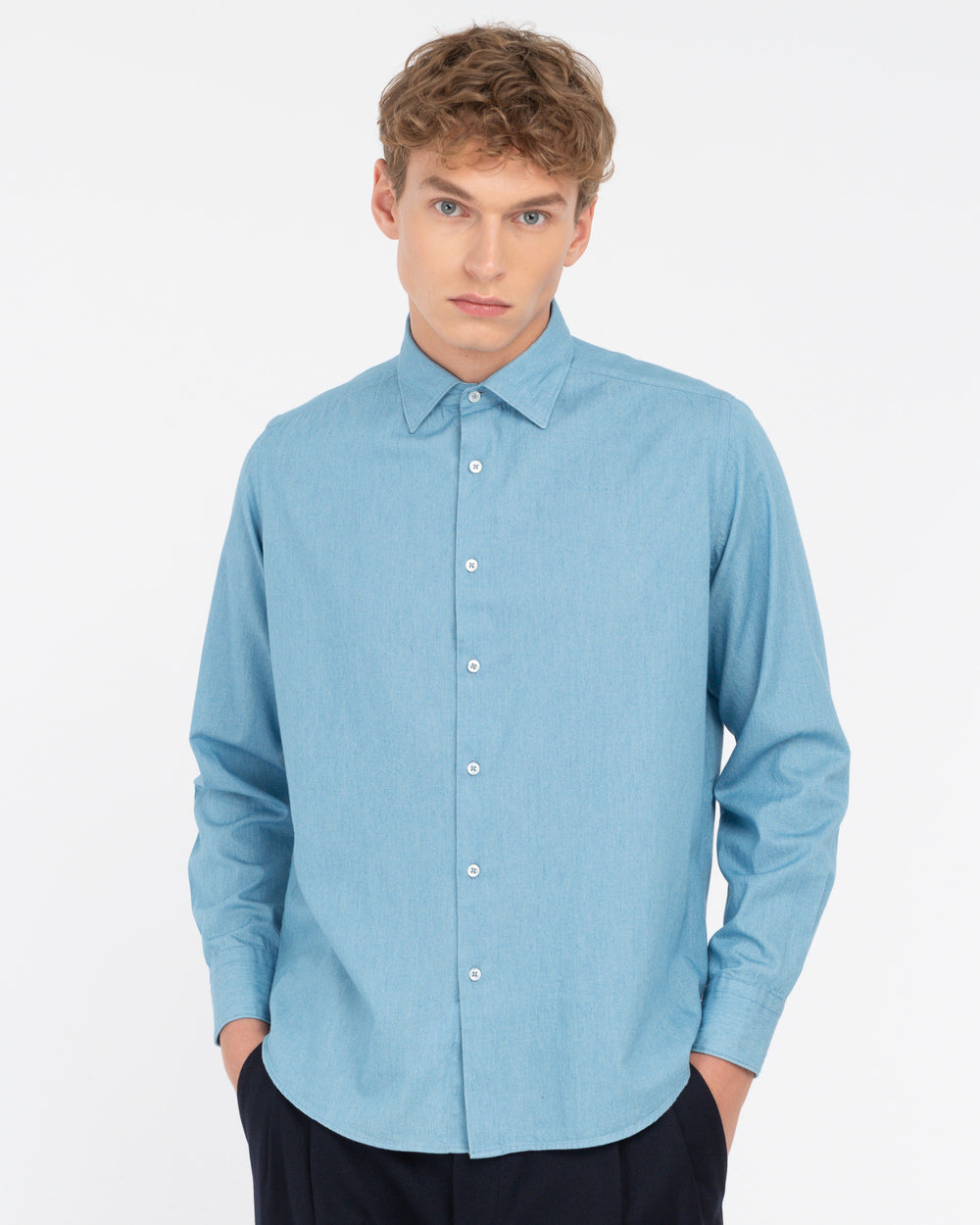 sky blue washed cotton chambray shirt