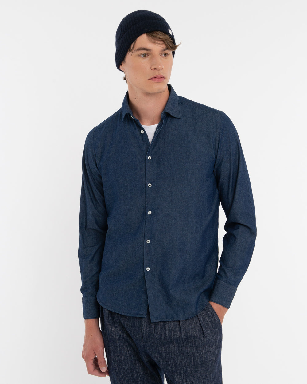 blue washed cotton chambray shirt