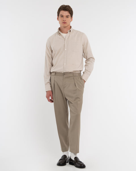 beige stretch cotton twill button down shirt