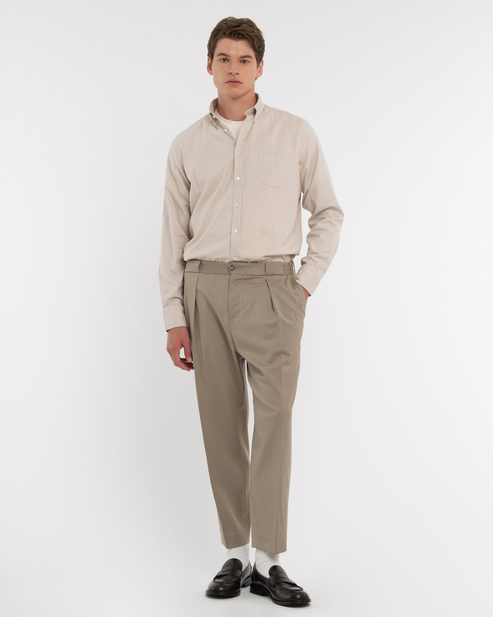 beige stretch cotton twill button down shirt