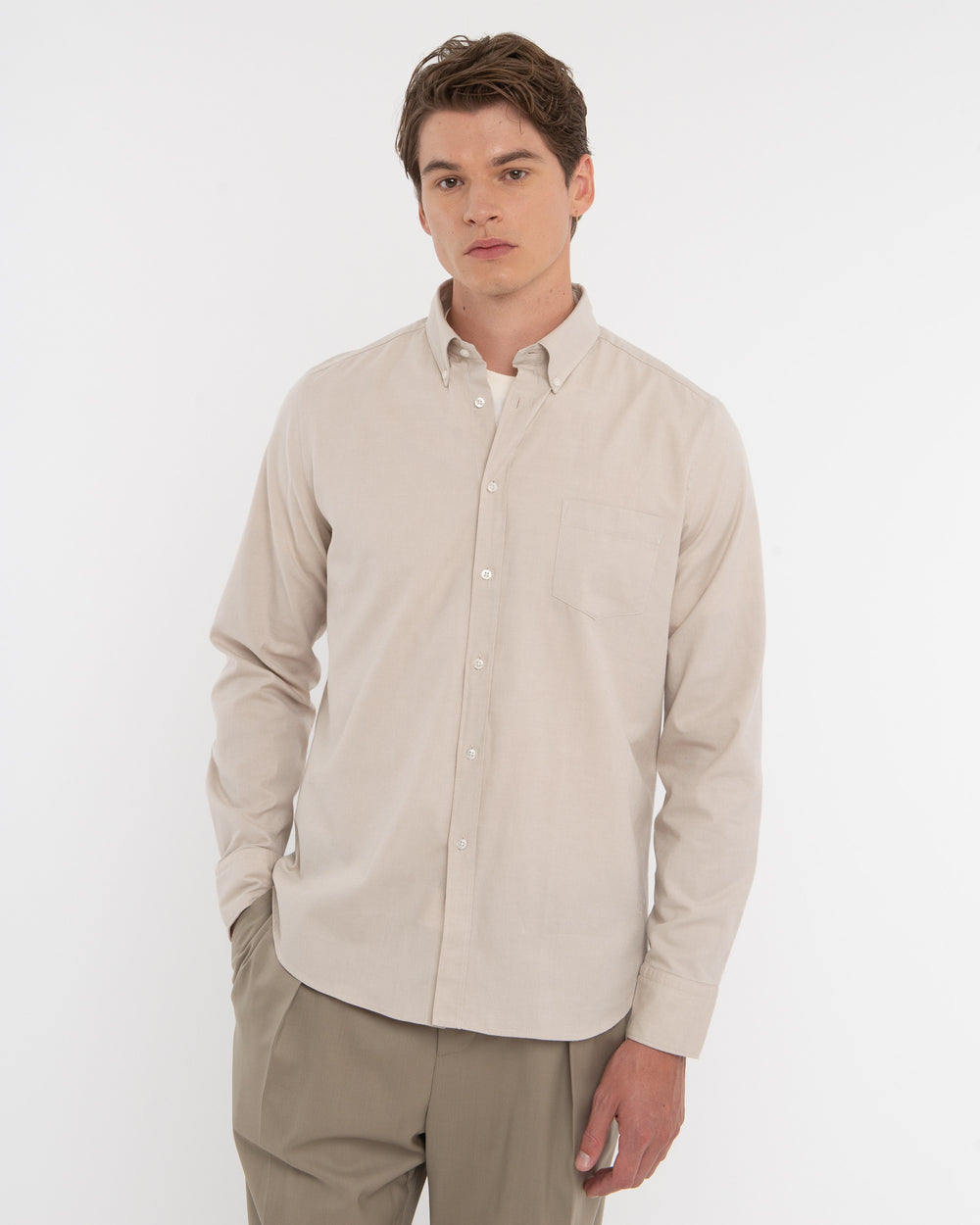 beige stretch cotton twill button down shirt
