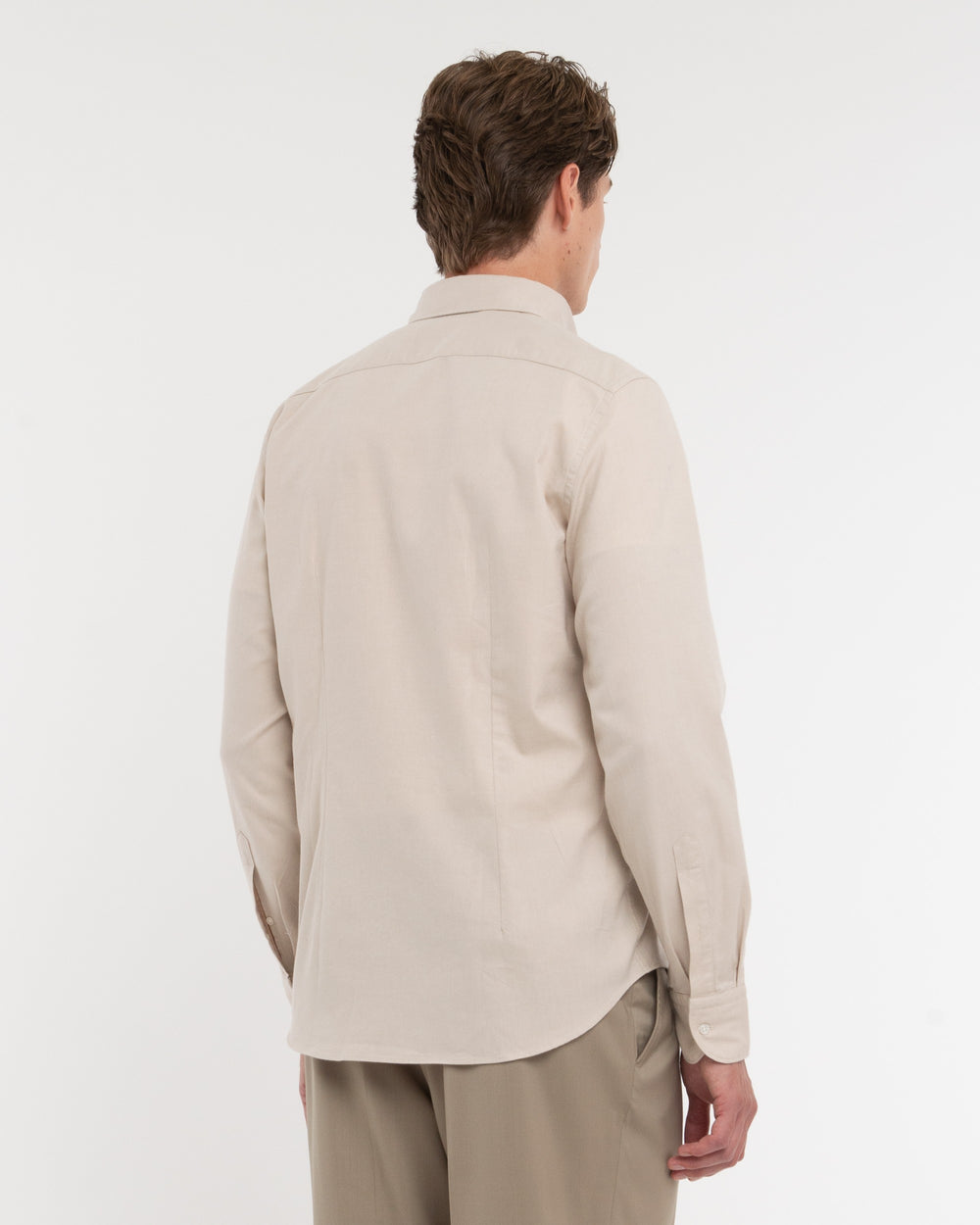 beige stretch cotton twill button down shirt