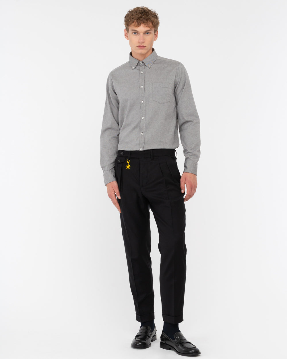 gray stretch cotton twill button down shirt