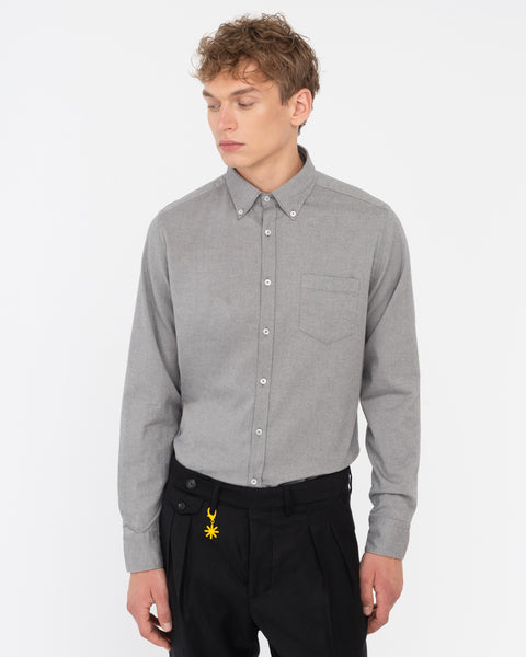 gray stretch cotton twill button down shirt