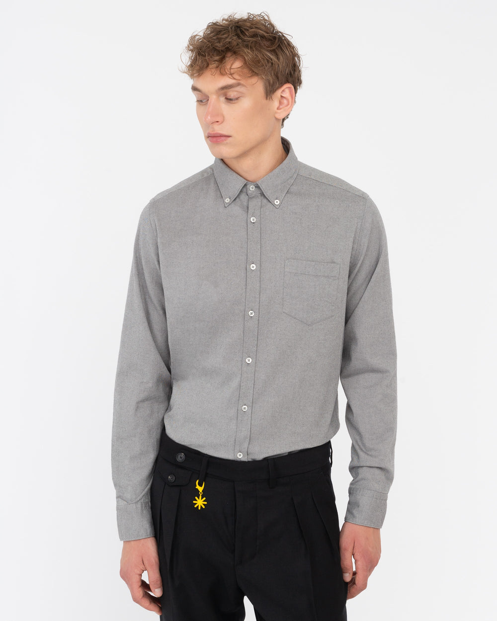 gray stretch cotton twill button down shirt