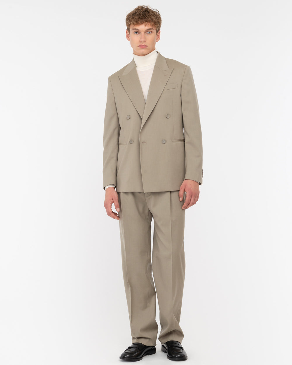 beige stretch wool double breasted relaxed fit blazer