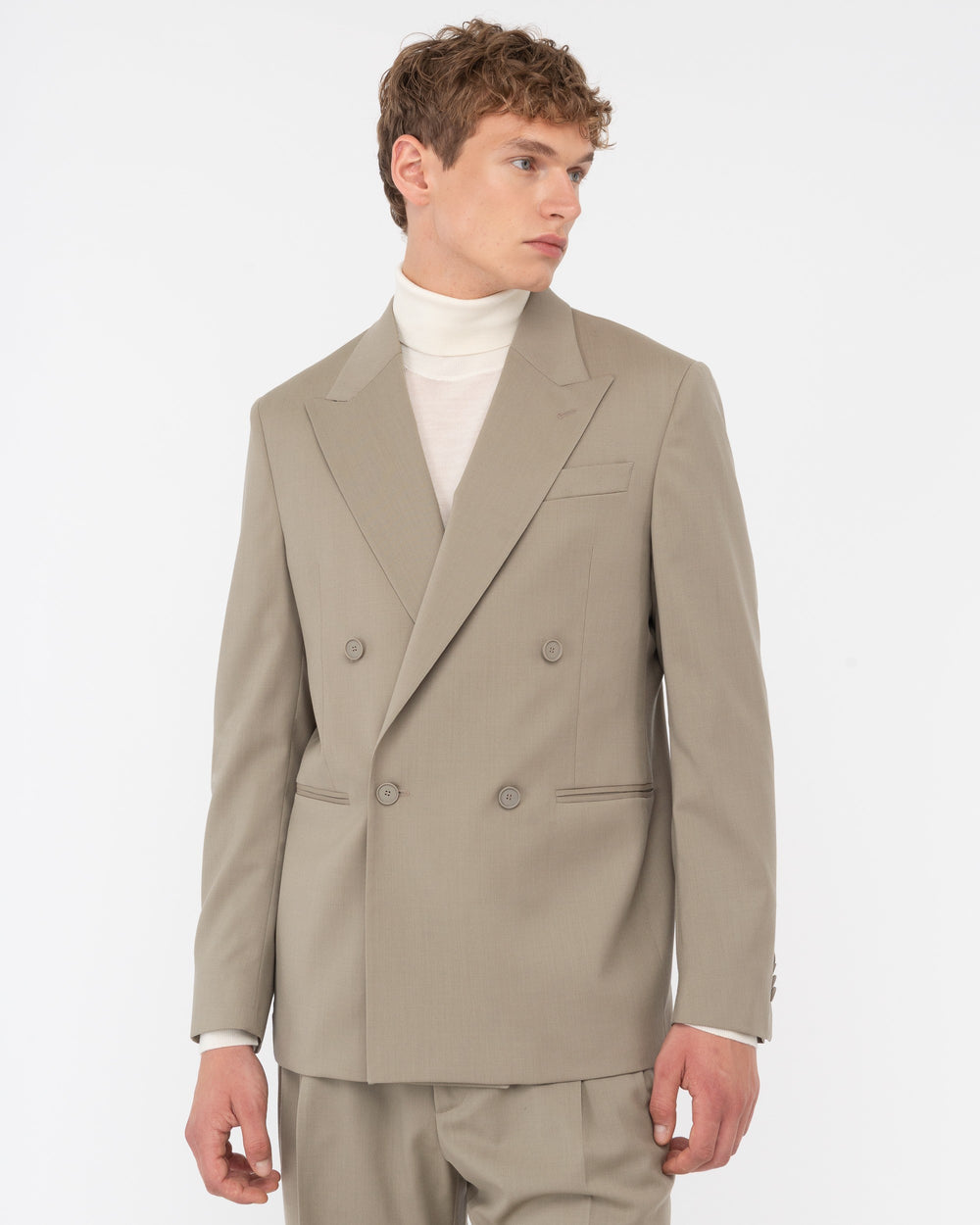 beige stretch wool double breasted relaxed fit blazer