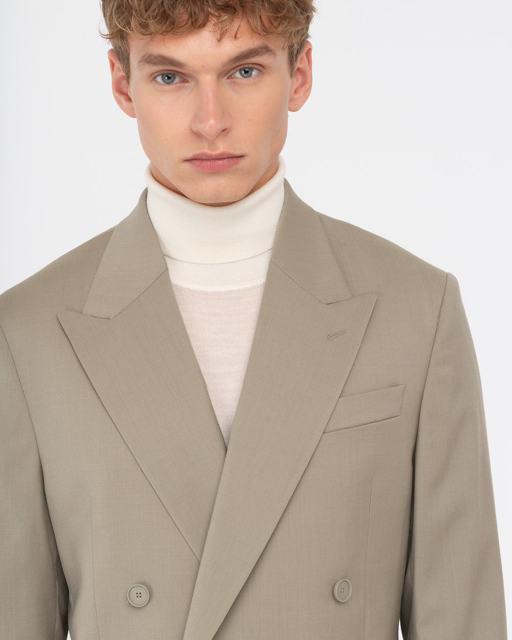 beige stretch wool double breasted relaxed fit blazer