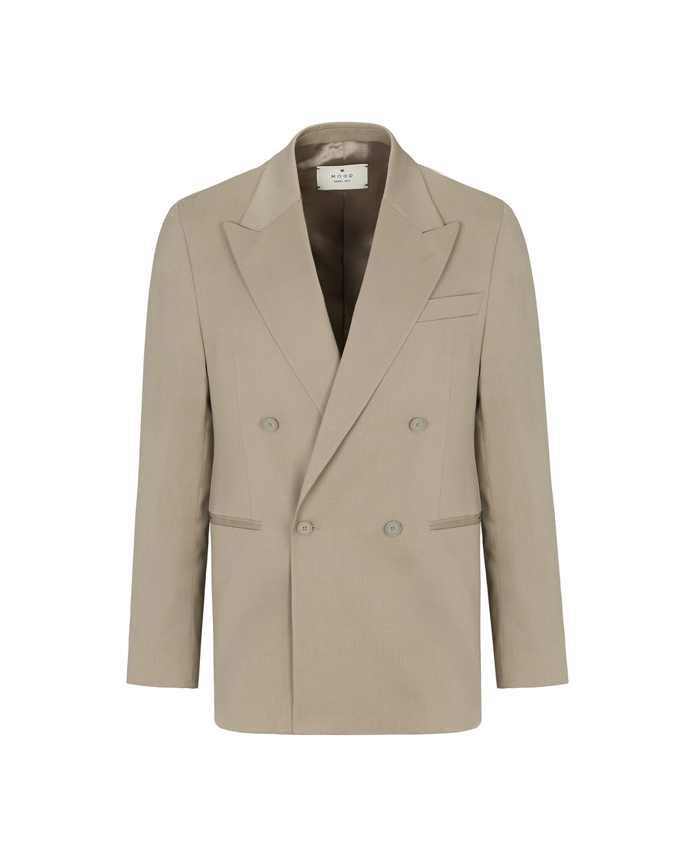 beige stretch wool double breasted relaxed fit blazer