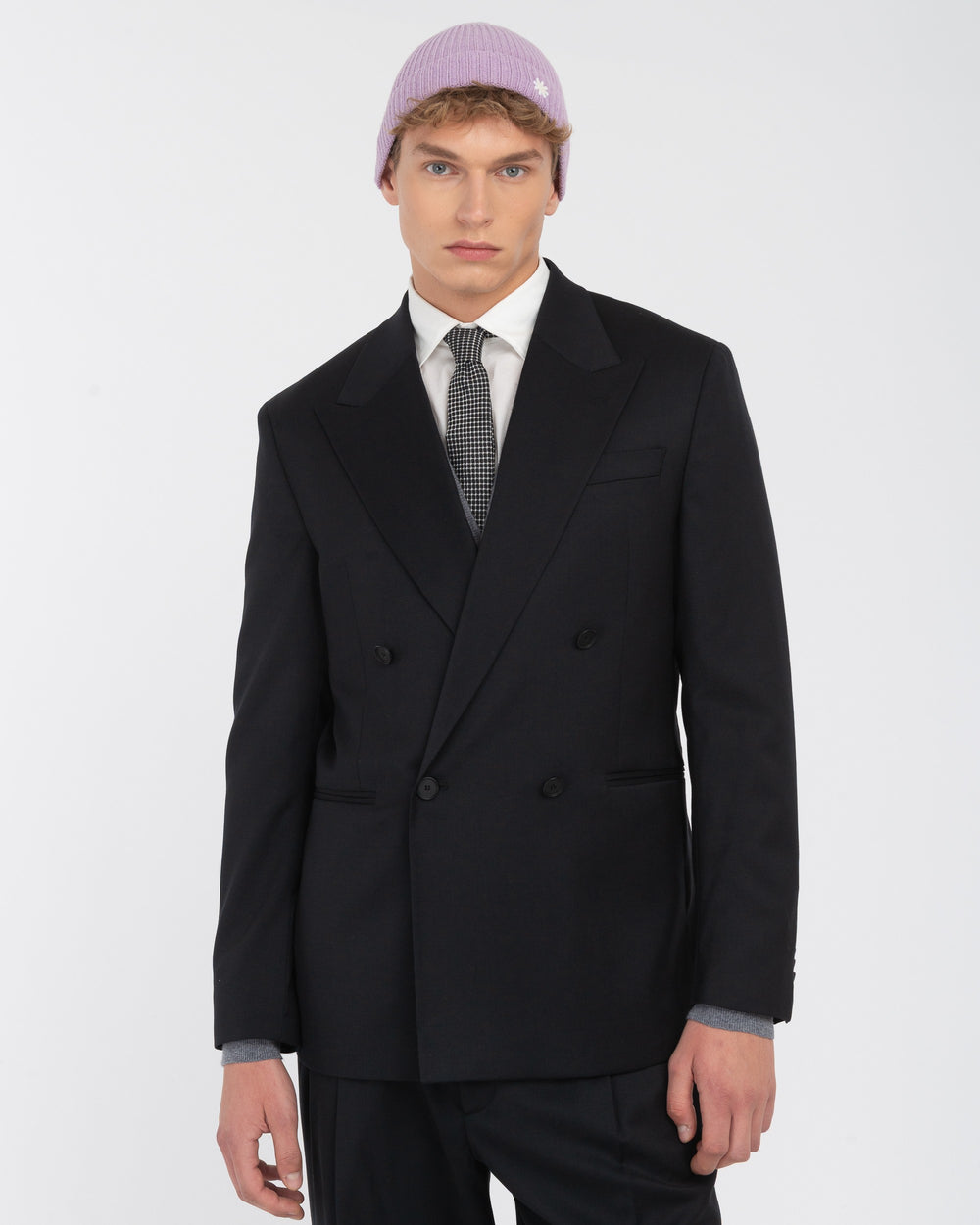 black stretch wool double breasted relaxed fit blazer