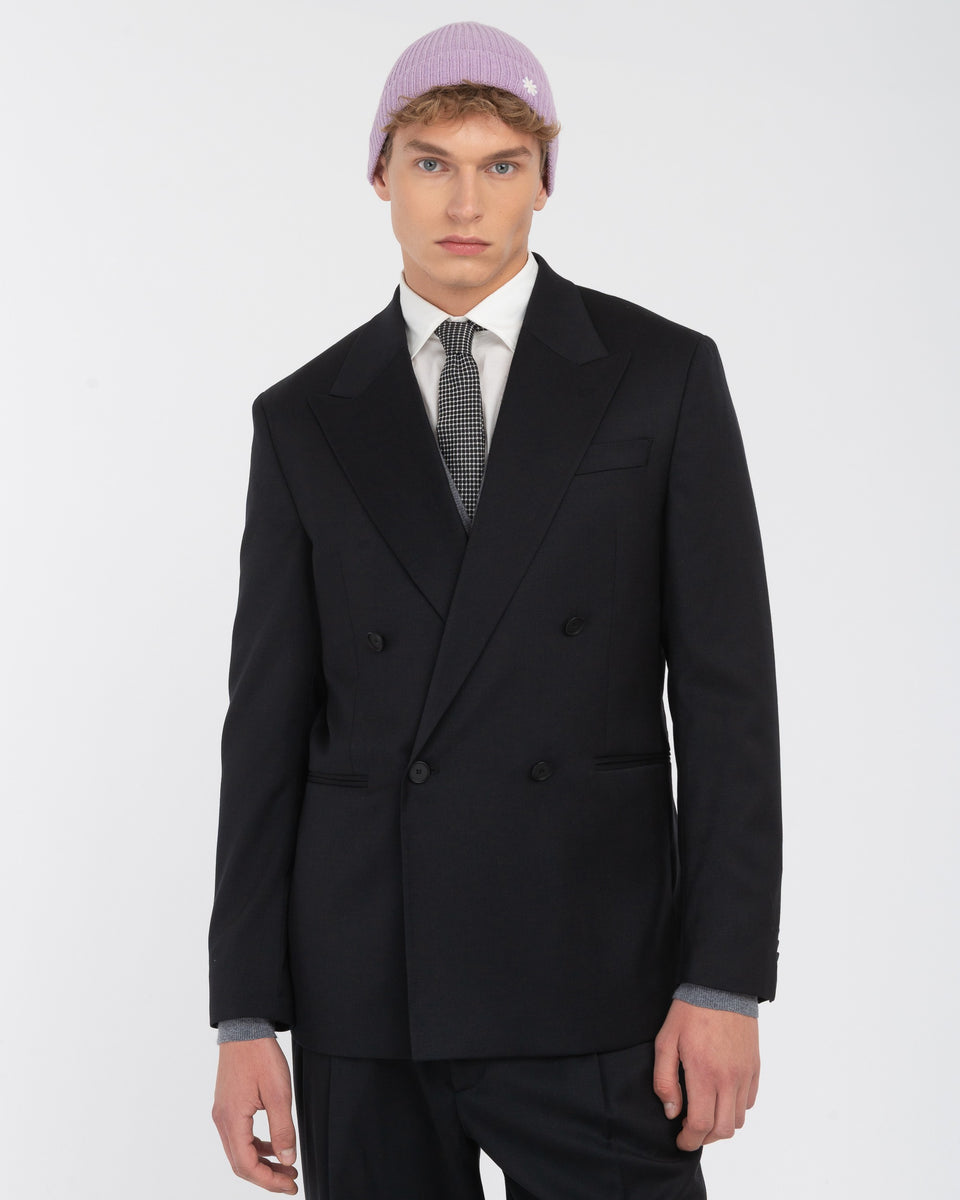 black stretch wool double breasted relaxed fit blazer - Manuel Ritz ...
