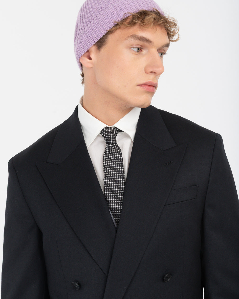 black stretch wool double breasted relaxed fit blazer