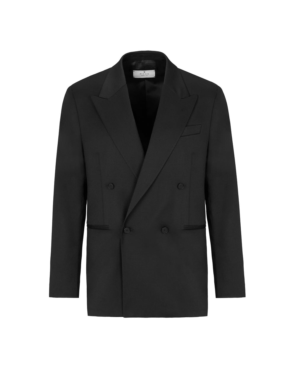 black stretch wool double breasted relaxed fit blazer