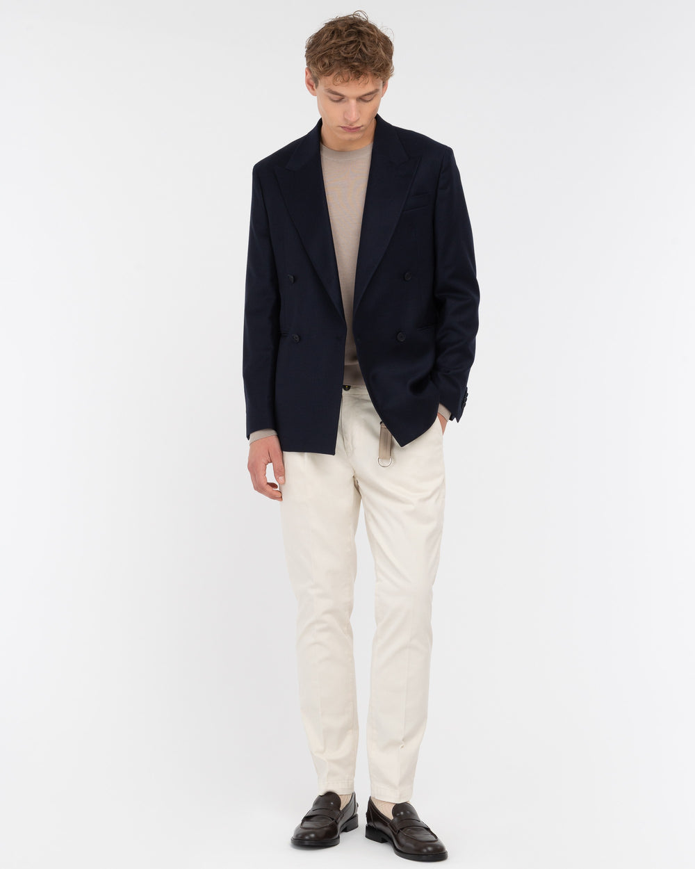 blue double breasted relaxed fit stretch wool flannel blazer