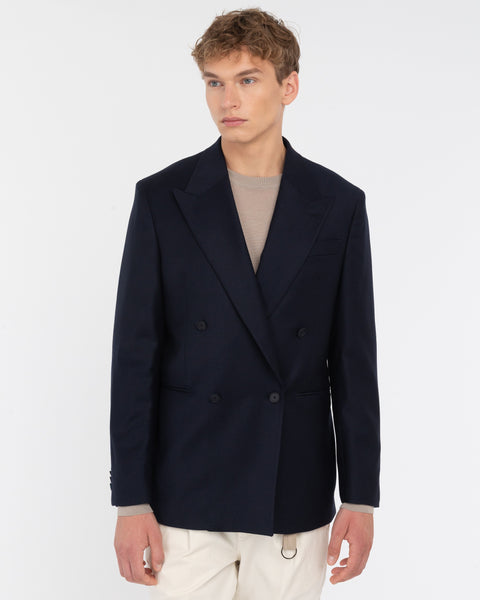 blue double breasted relaxed fit stretch wool flannel blazer