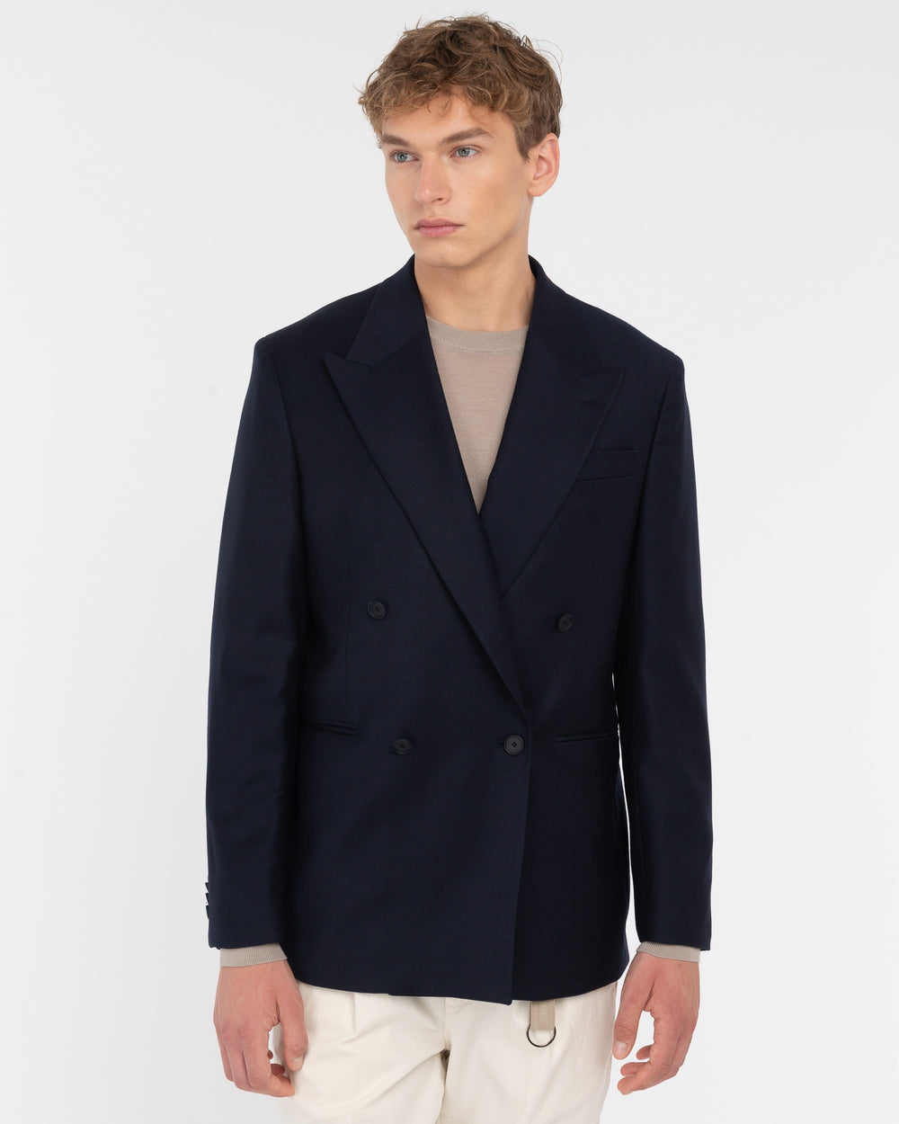 blue double breasted relaxed fit stretch wool flannel blazer