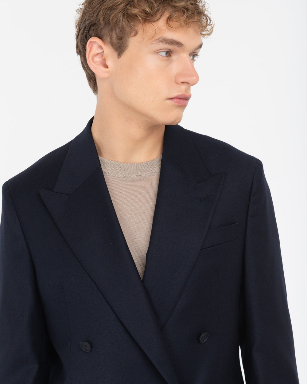 blue double breasted relaxed fit stretch wool flannel blazer