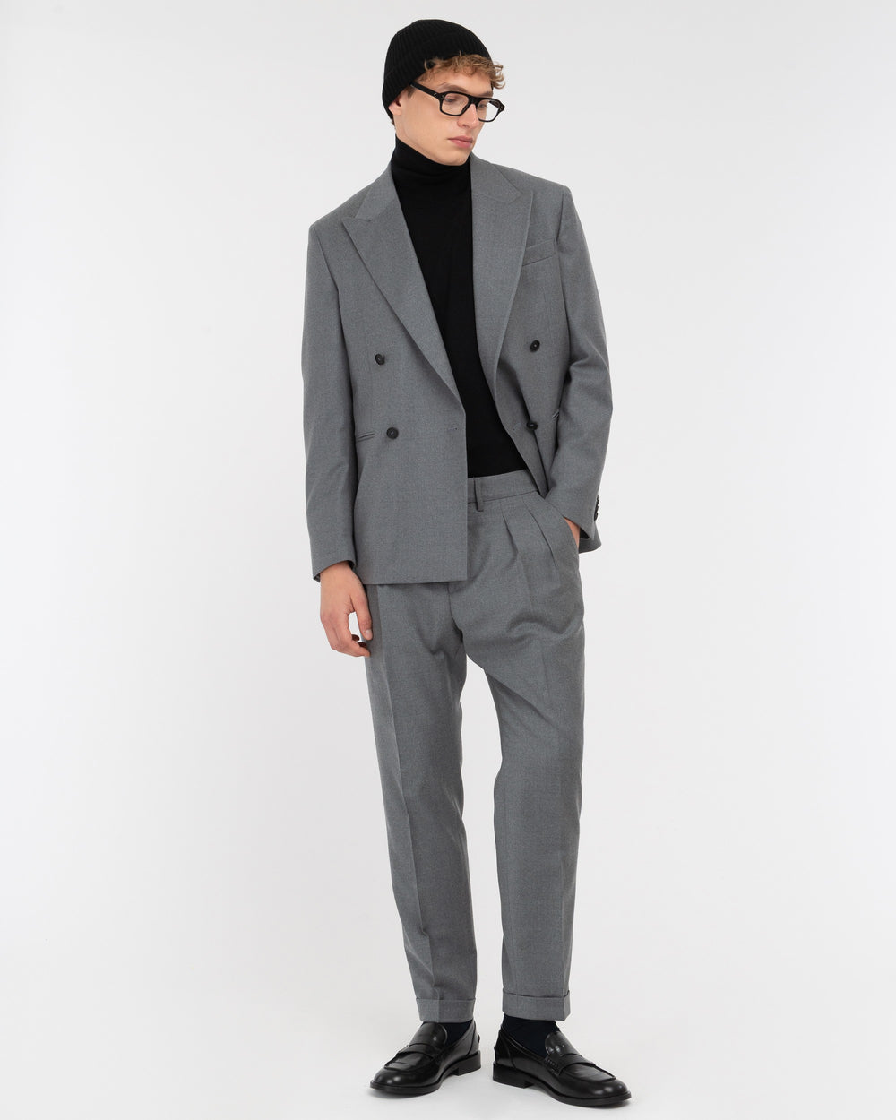 gray double breasted relaxed fit stretch wool flannel blazer