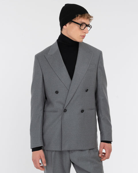 gray double breasted relaxed fit stretch wool flannel blazer