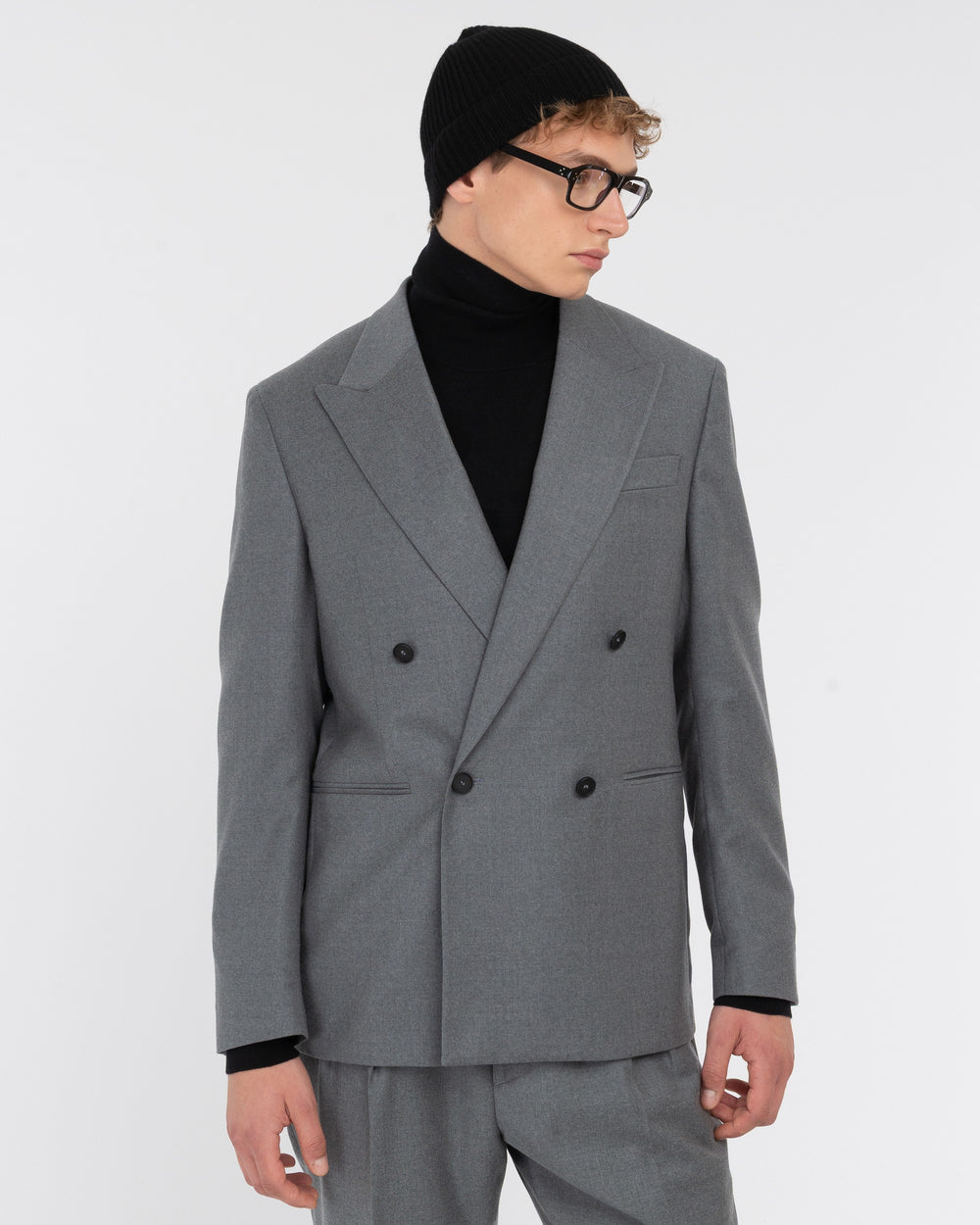 gray double breasted relaxed fit stretch wool flannel blazer