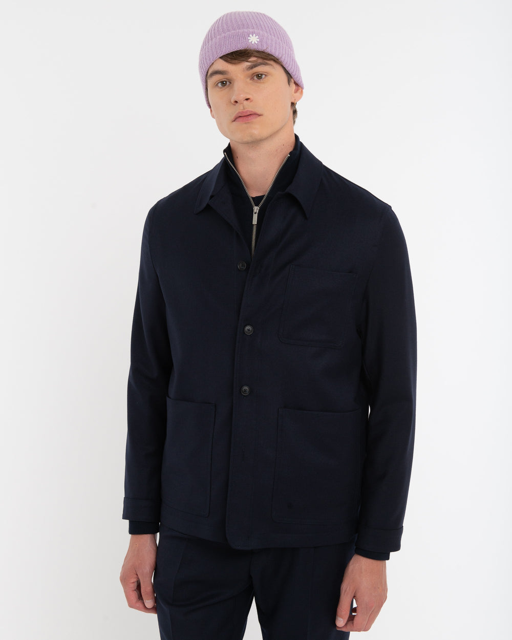 blue stretch wool flannel overshirt