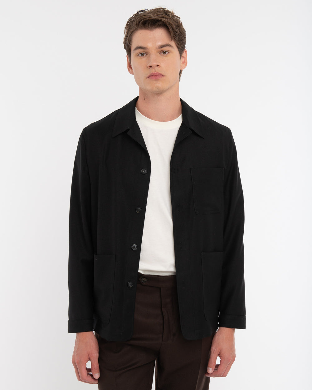 black stretch wool flannel overshirt