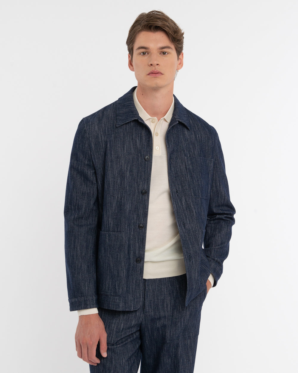 blue stretch cotton wool denim overshirt