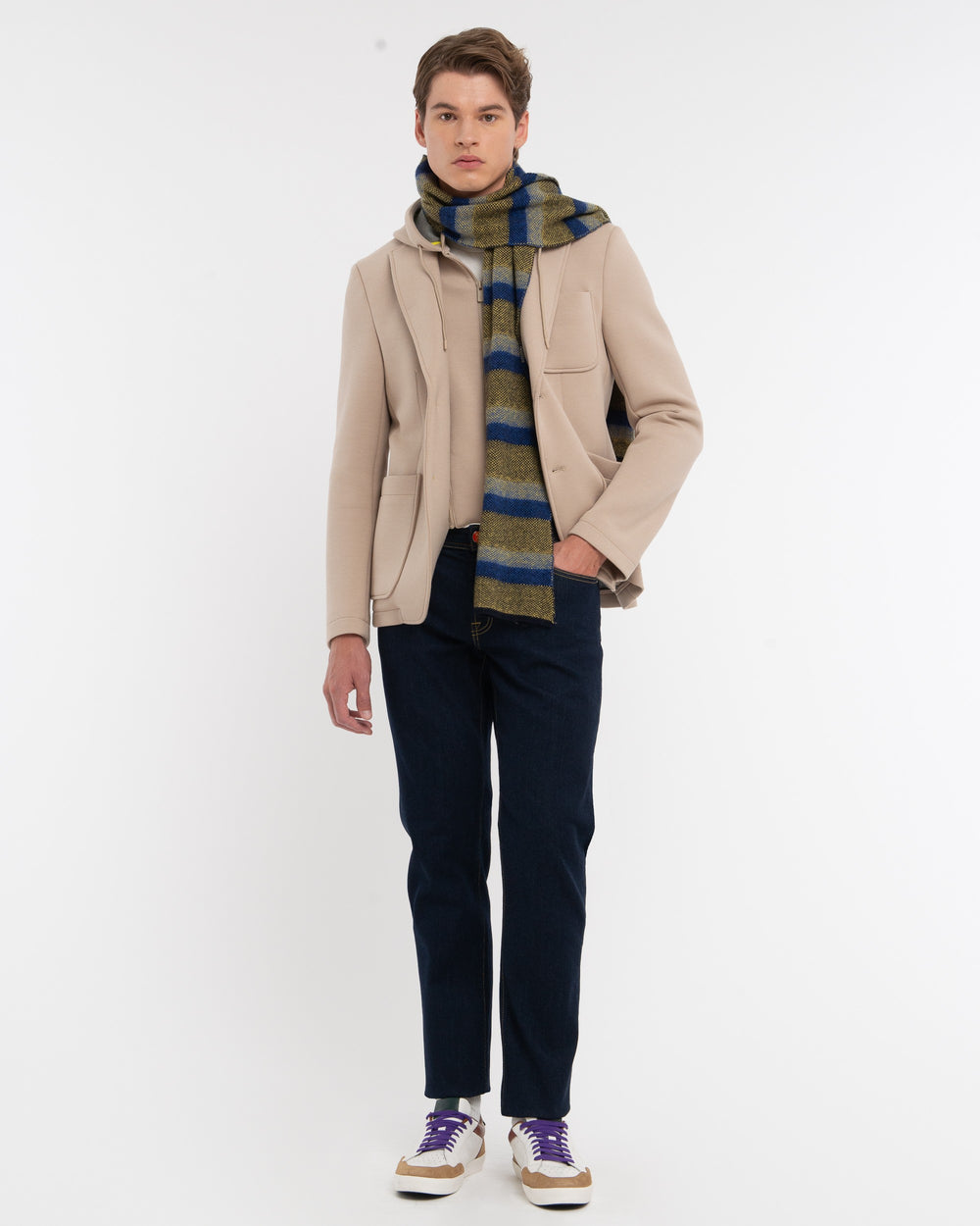 beige hooded blazer diagonal jersey bonded neoprene