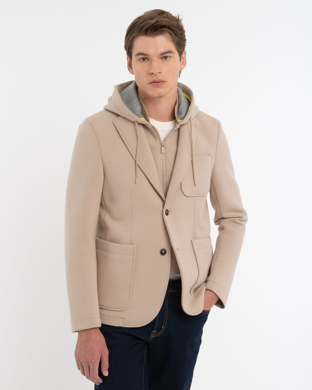 beige hooded blazer diagonal jersey bonded neoprene