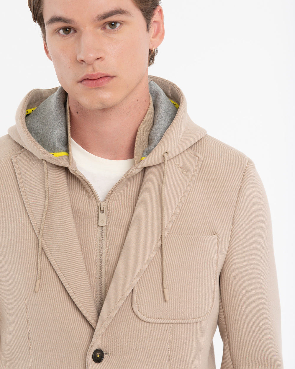 beige hooded blazer diagonal jersey bonded neoprene