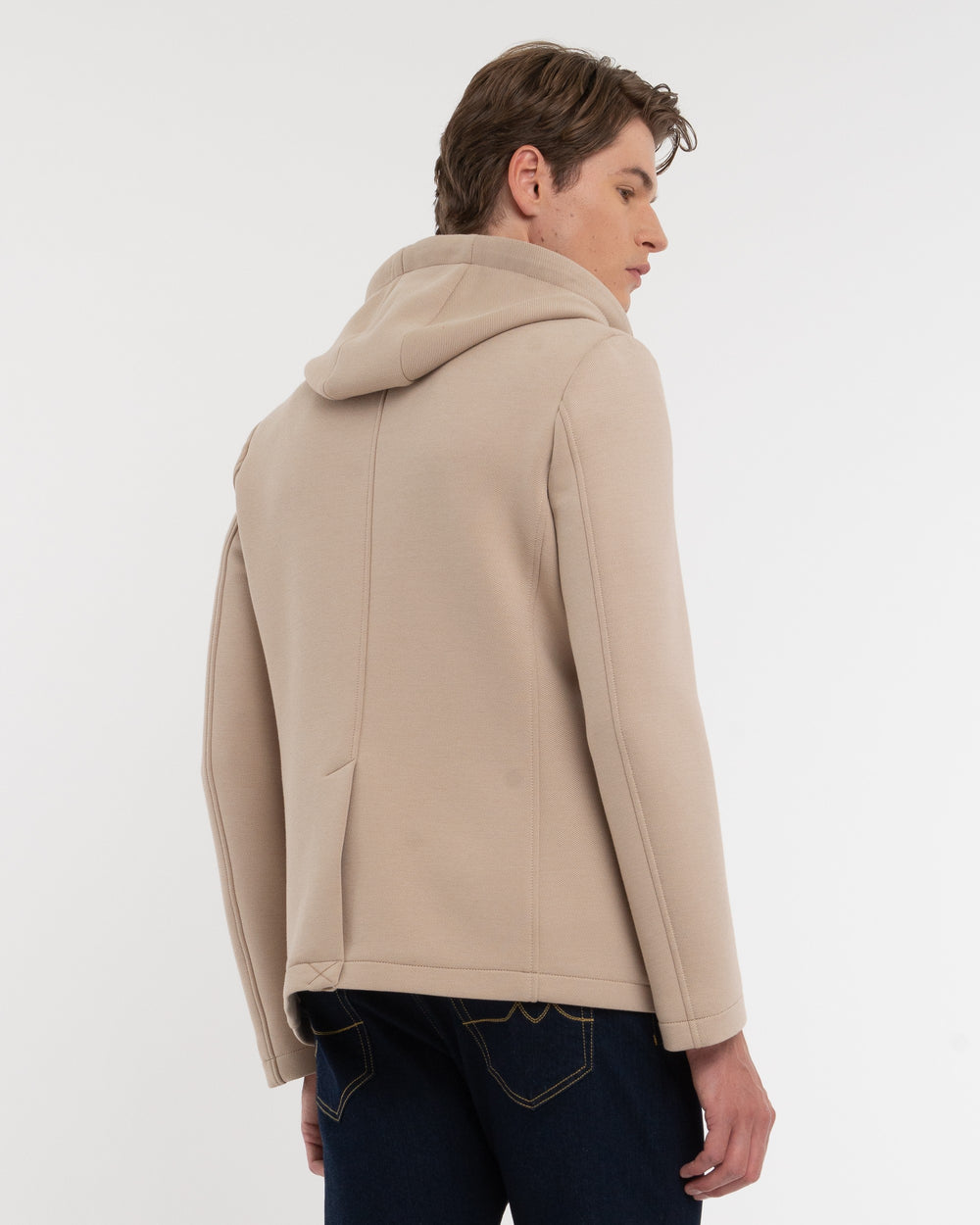 beige hooded blazer diagonal jersey bonded neoprene
