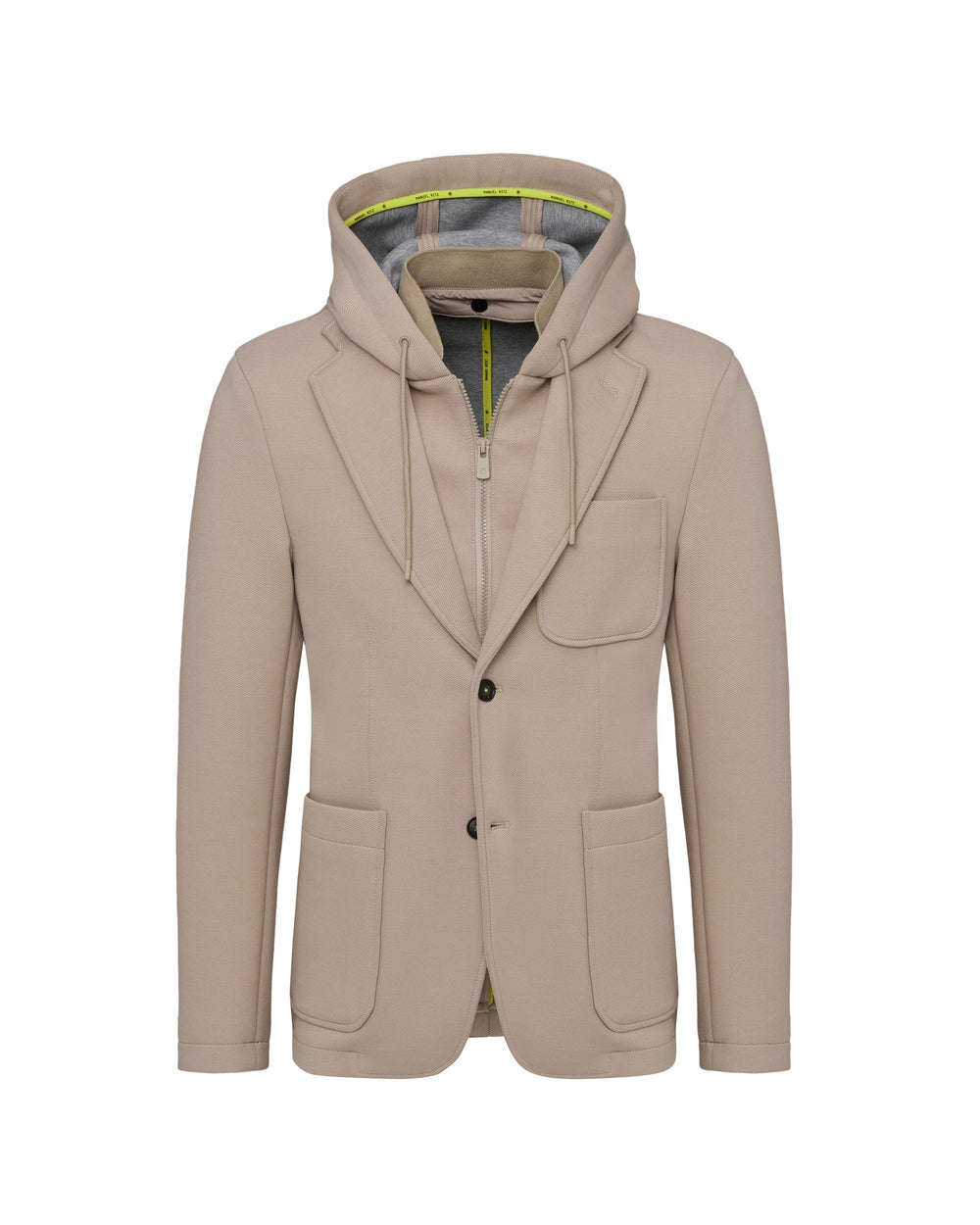 beige hooded blazer diagonal jersey bonded neoprene