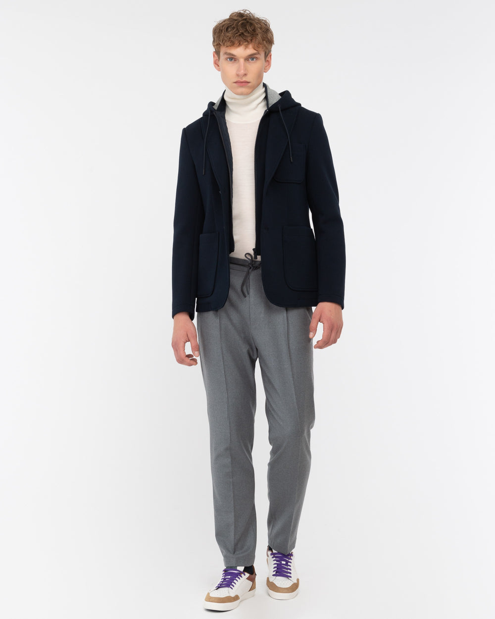 blue hooded blazer diagonal jersey bonded neoprene