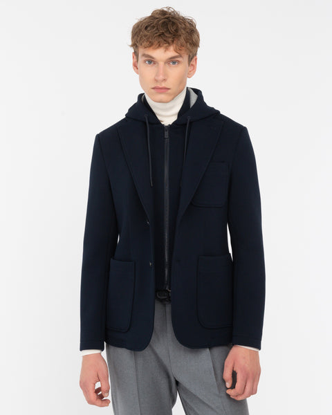 blue hooded blazer diagonal jersey bonded neoprene