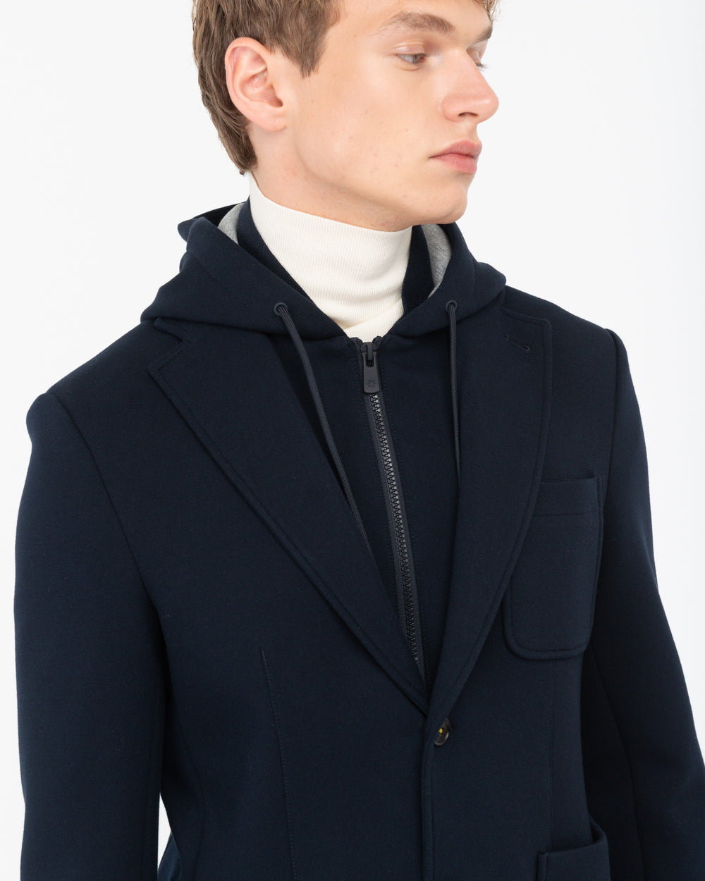 blue hooded blazer diagonal jersey bonded neoprene