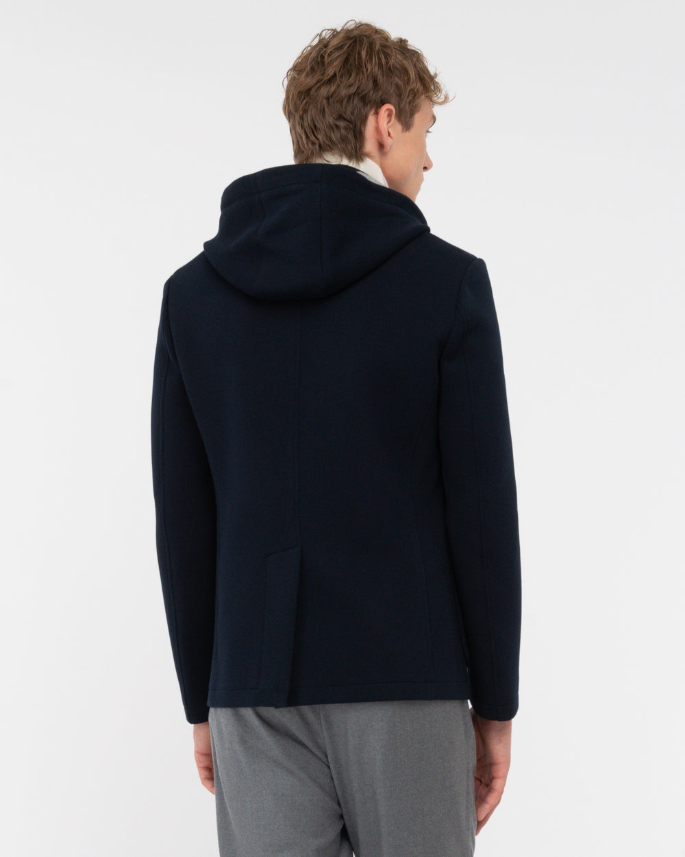 blue hooded blazer diagonal jersey bonded neoprene