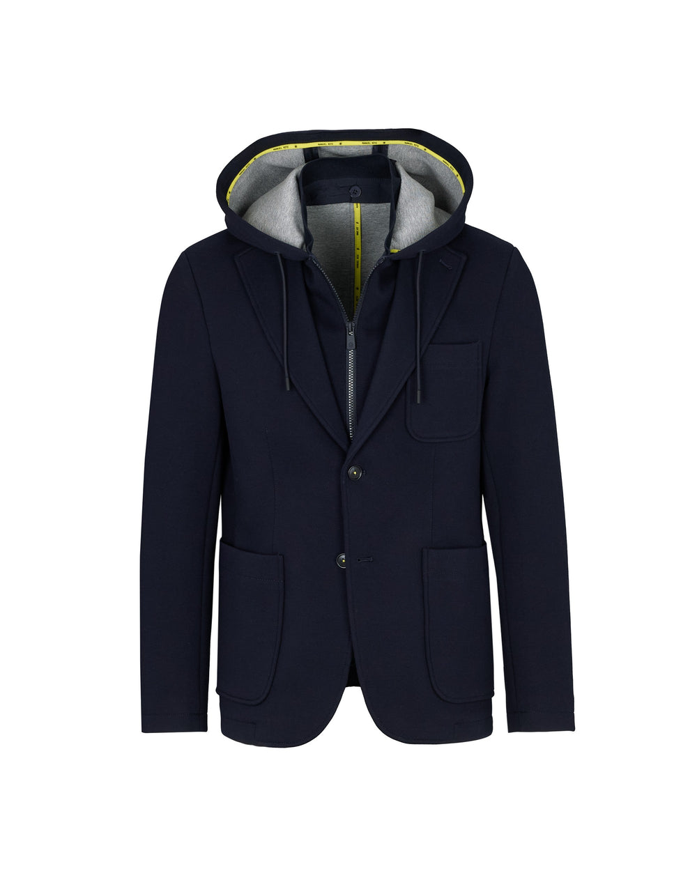 blue hooded blazer diagonal jersey bonded neoprene