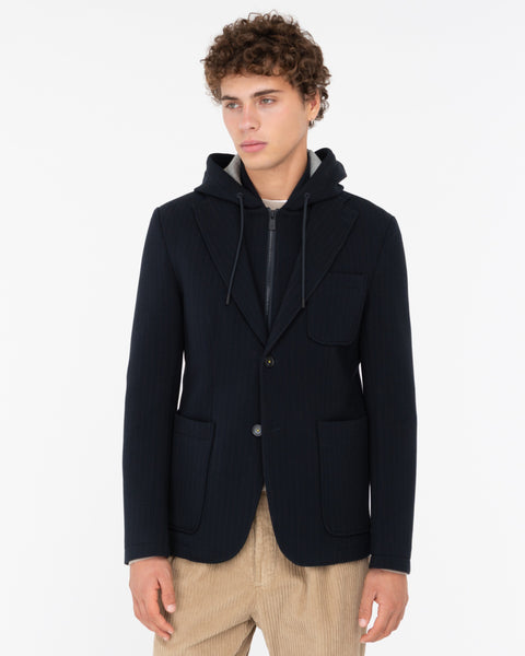 blue hooded blazer striped jersey bonded neoprene