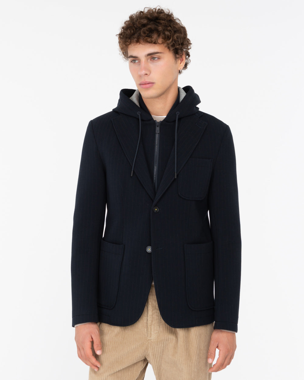 blue hooded blazer striped jersey bonded neoprene