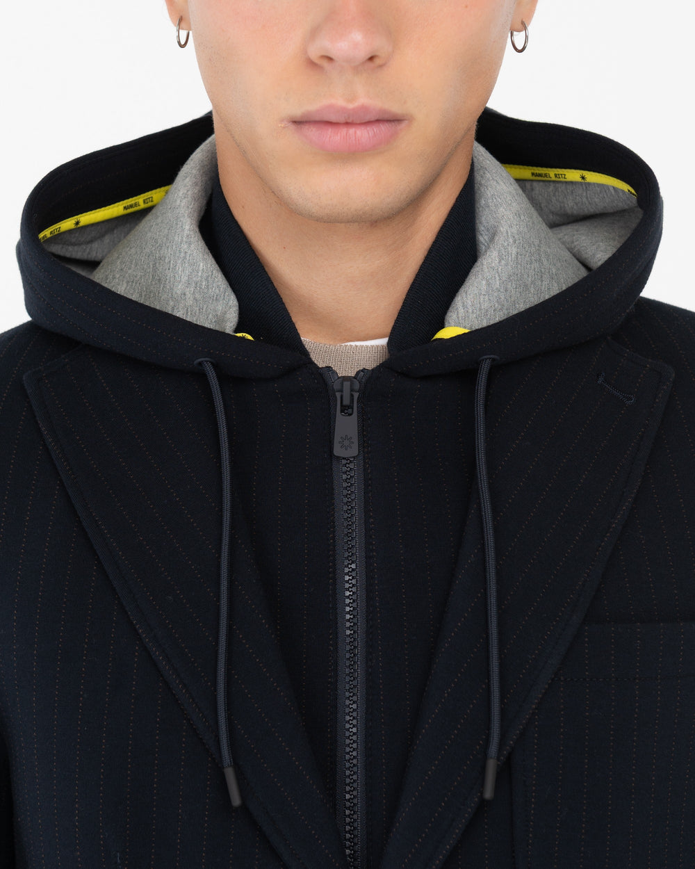 blue hooded blazer striped jersey bonded neoprene