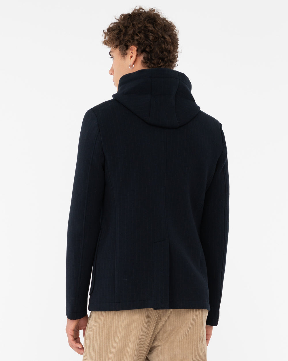 blue hooded blazer striped jersey bonded neoprene