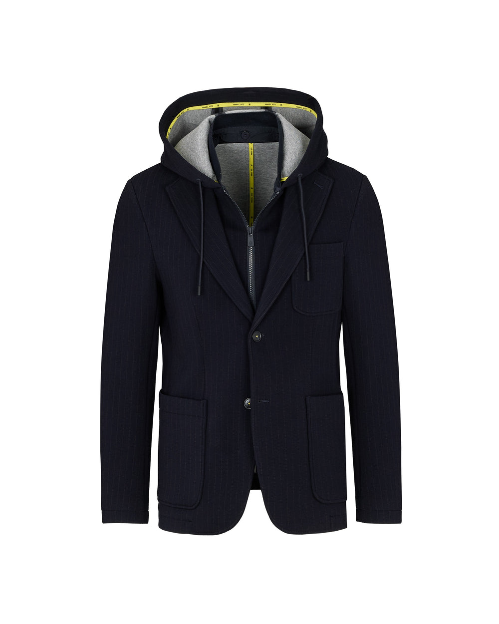 blue hooded blazer striped jersey bonded neoprene
