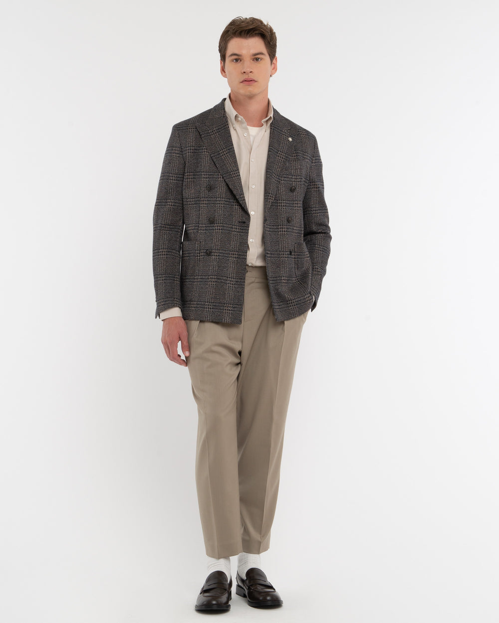 brown stretch cotton blend double breasted overcheck blazer