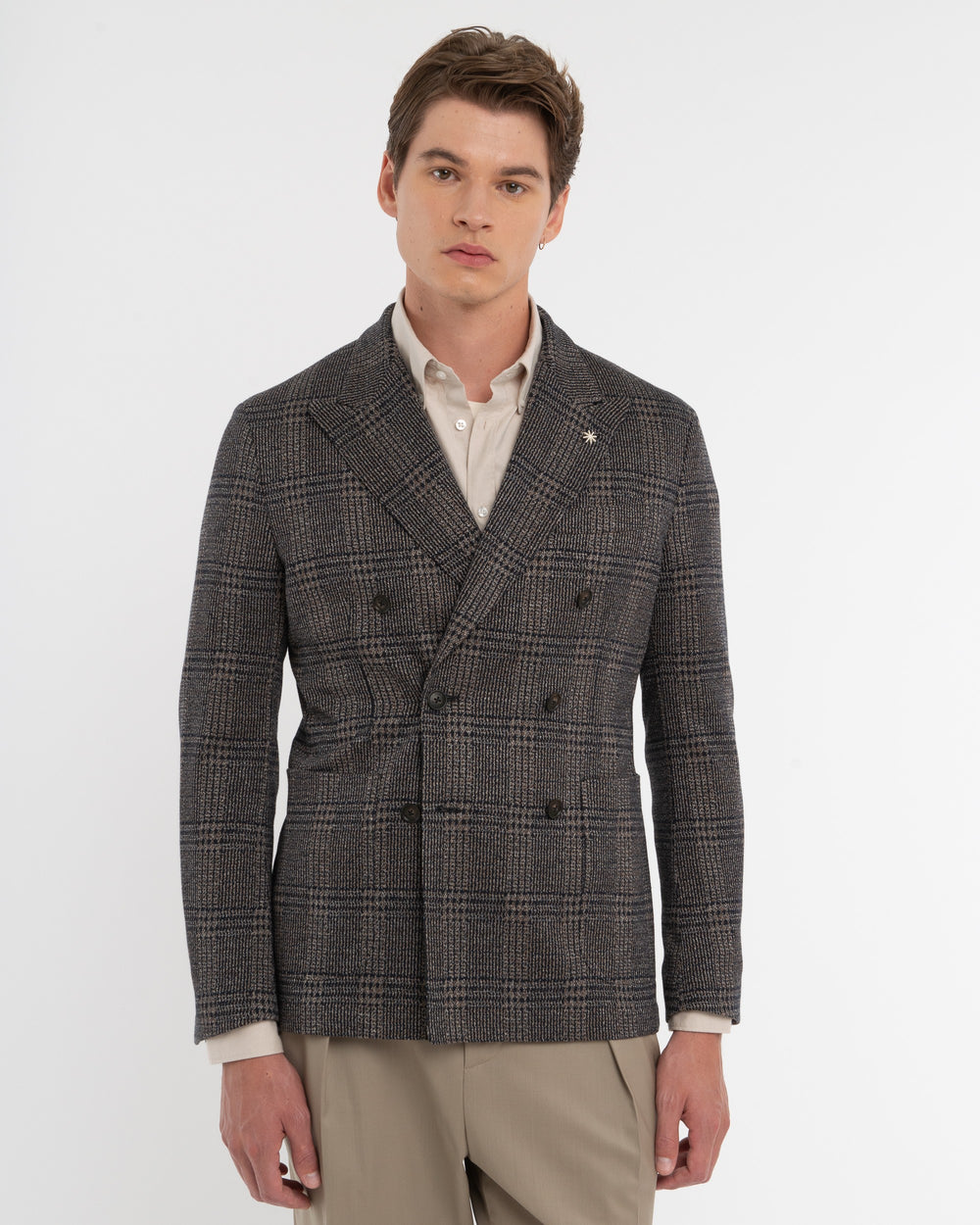 brown stretch cotton blend double breasted overcheck blazer