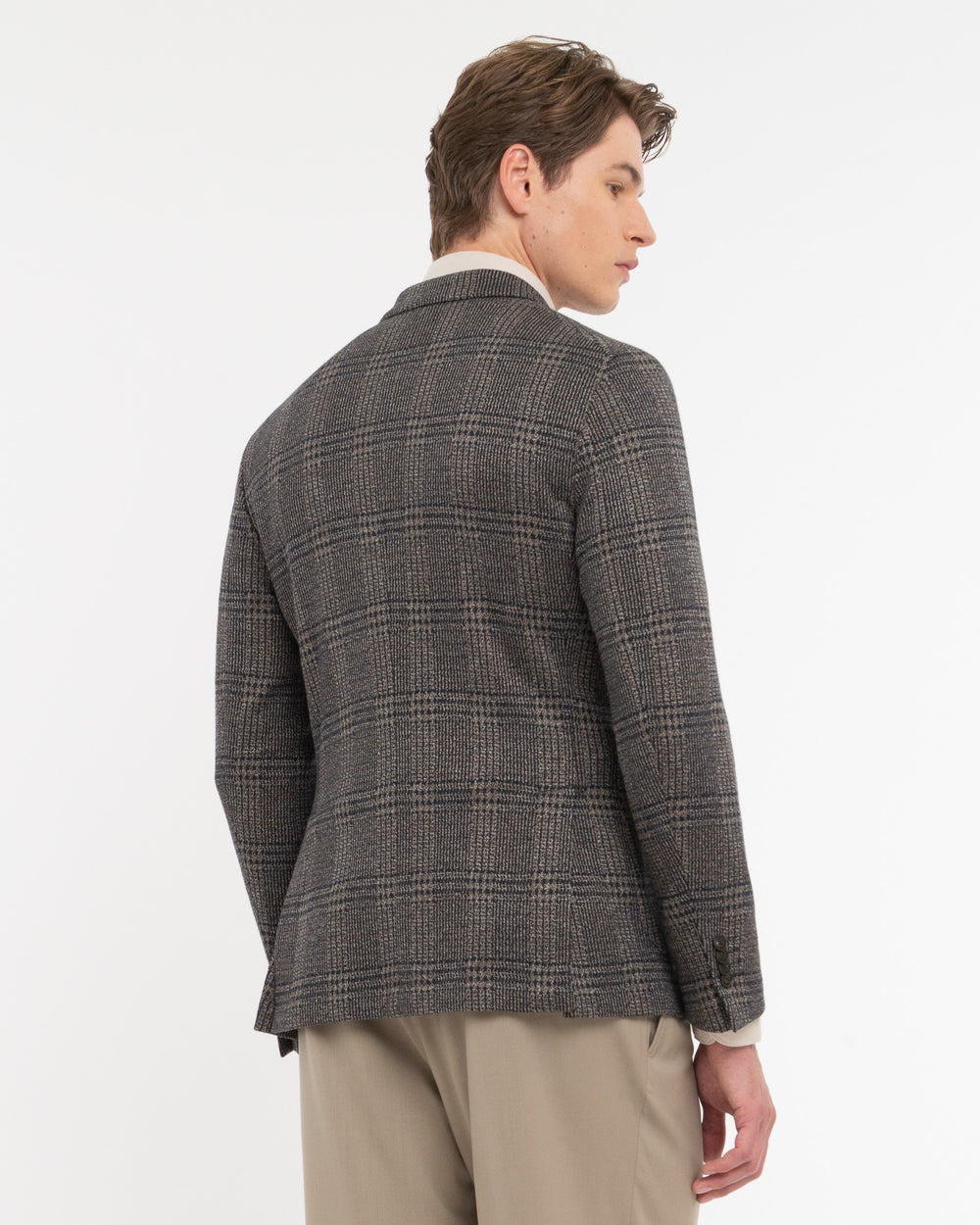 brown stretch cotton blend double breasted overcheck blazer